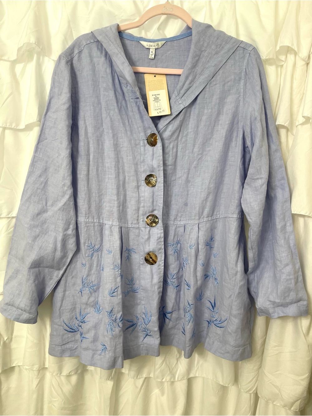 NWT Embroidered Light Periwinkle Blue Linen Tunic Jacket with Hood